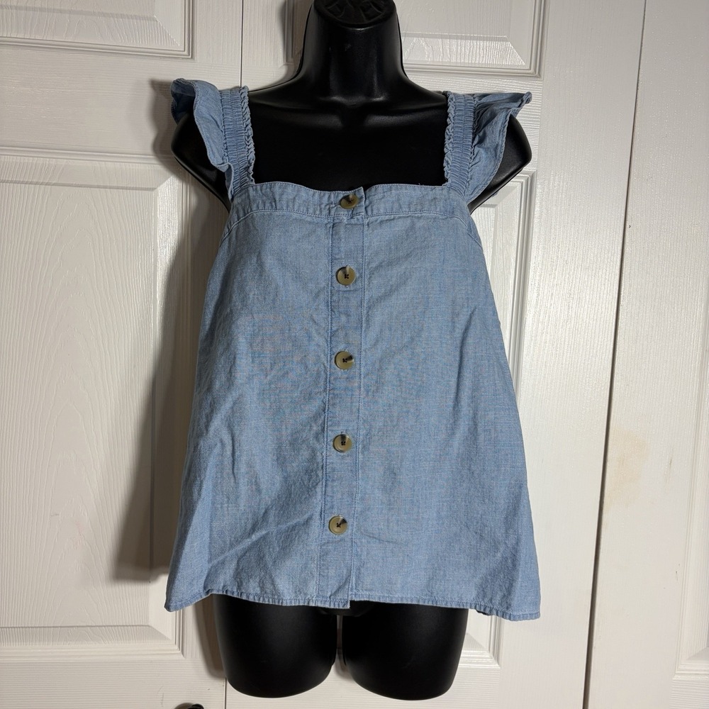 J Crew Factory Chambray Button Front Tank Top Women L Blue Ruffle Straps Cotton